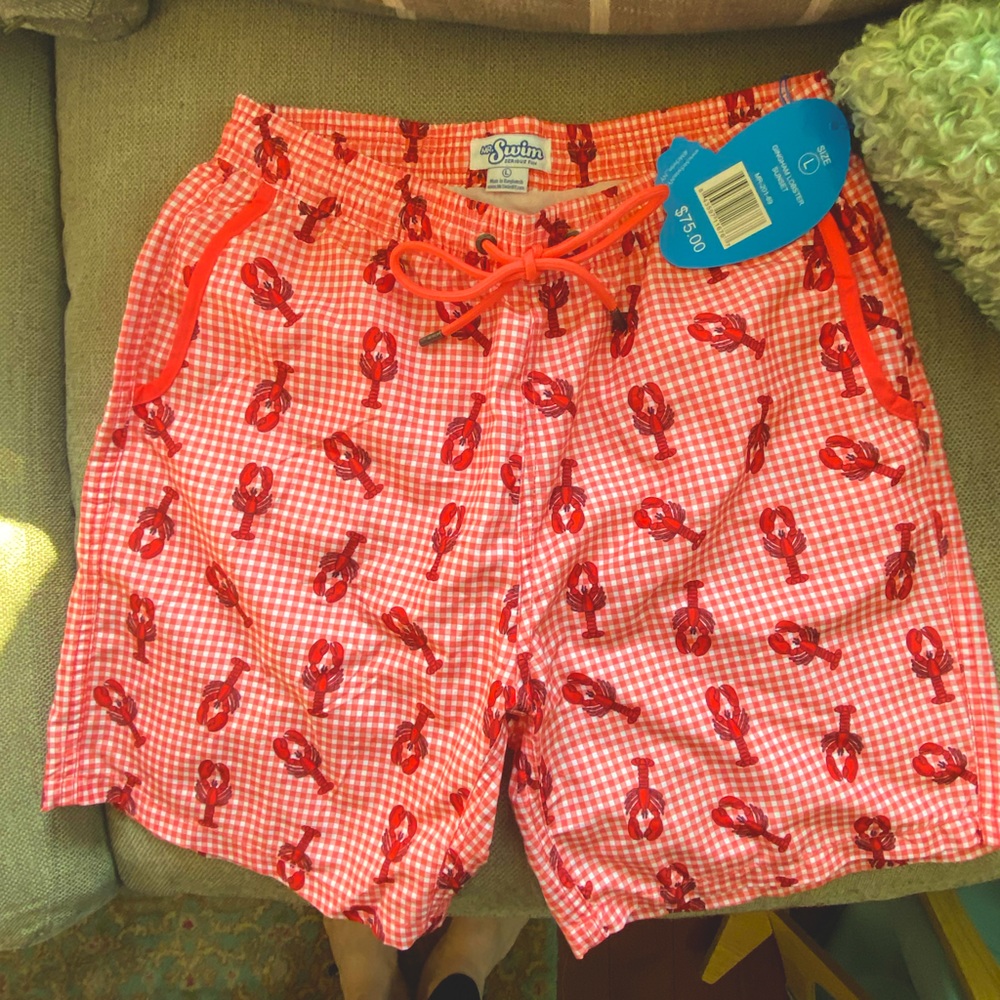 Mr. Swim 4 Way Stretch Gingham Lobster Swim Trunks Orange Red Mesh Beach Men’s L